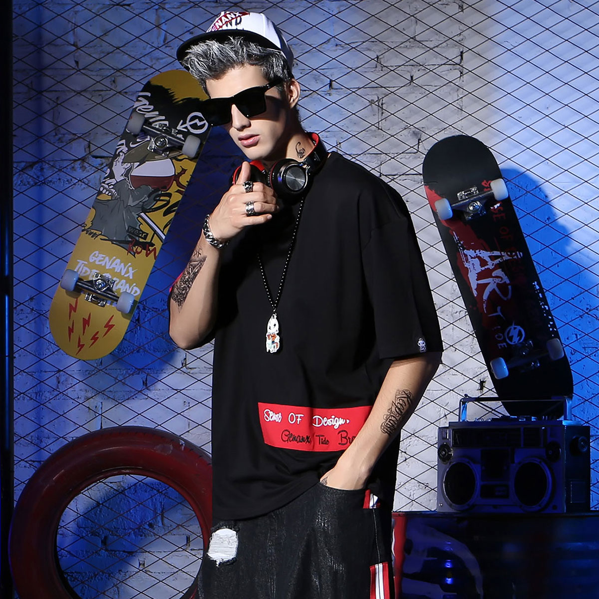 genanx闪电潮牌五分袖男t恤嘻哈宽松潮流oversize中袖夏季上衣男