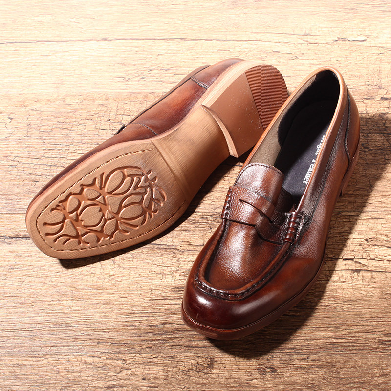 英伦手工做旧褶皱真皮男鞋复古男士乐福休闲休闲皮鞋