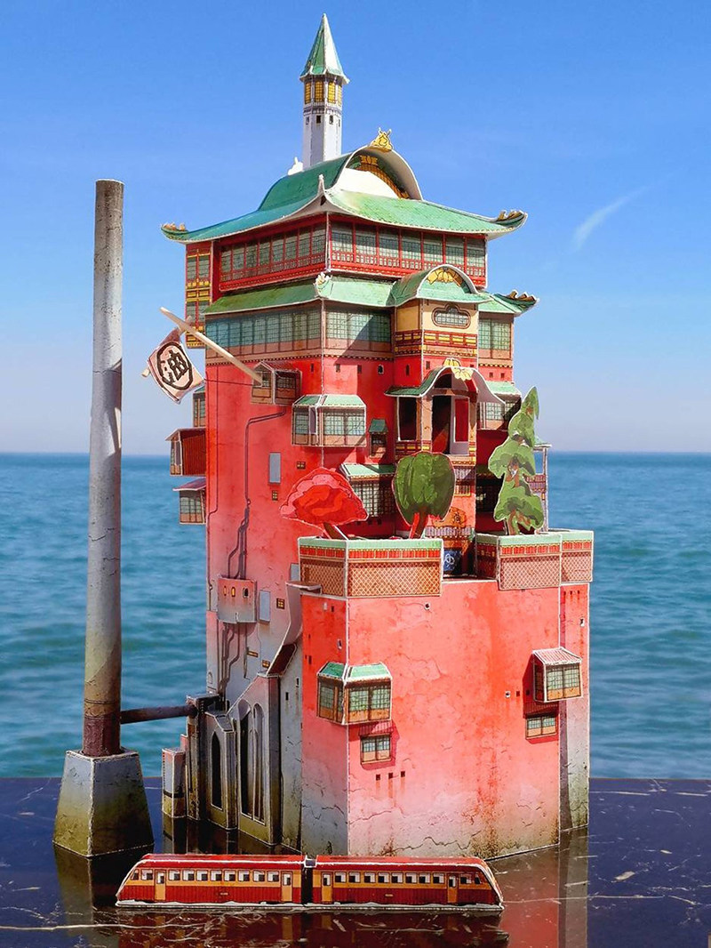 原创纸模宫崎骏千与千寻简单版油屋汤3d立体模型动漫游戏纸模