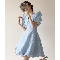 Fan-style blue bubble cuff foreign dress 2022 Summer lady palace windy tea hysteria and princess wind puffy skirt