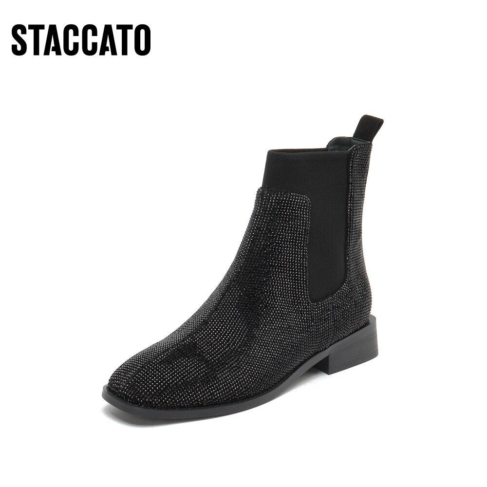 思加图冬季新款方头水钻切尔西短靴皮靴d2811dd0切尔西靴