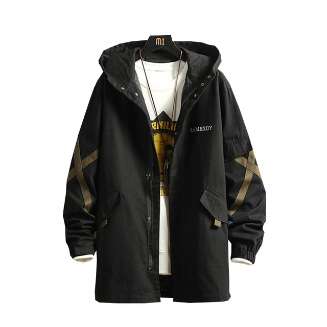 Mid-length windbreaker men's spring and autumn ruffian handsome men's large size fat loose youth handsome tooling hooded jacket Mid-length windbreaker men's spring and autumn ruffian handsome men's large size fat loose youth handsome tooling hooded jacket