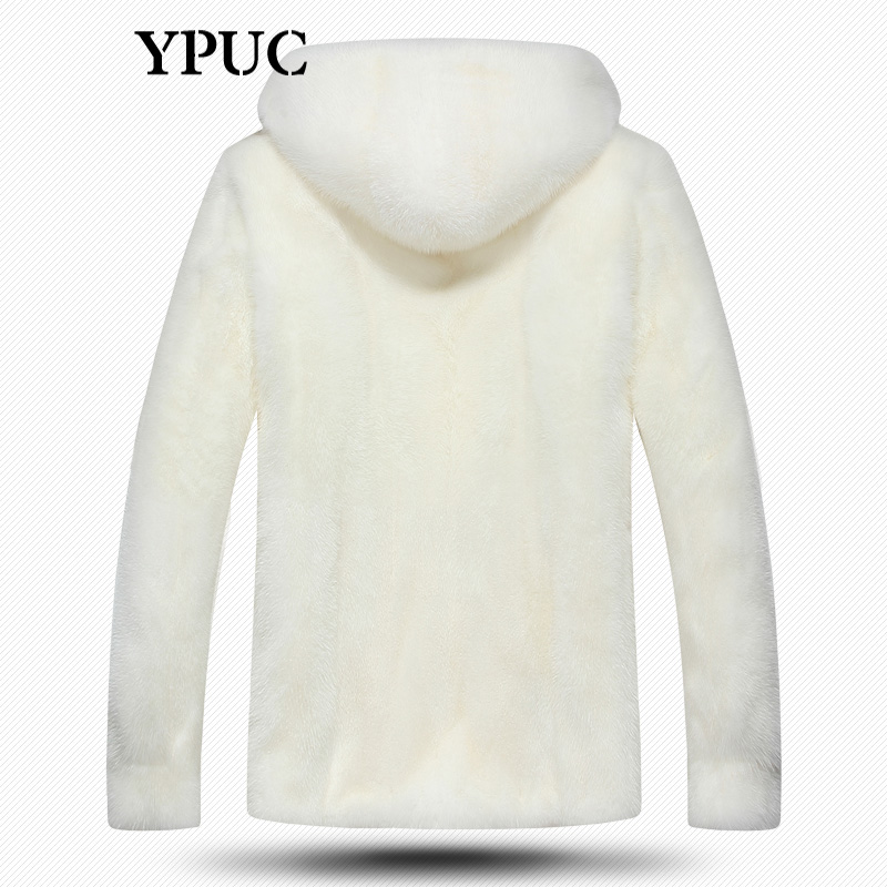 男士貂皮大衣整貂翻领连帽白色进口水貂皮草带帽裘皮皮毛一体外套