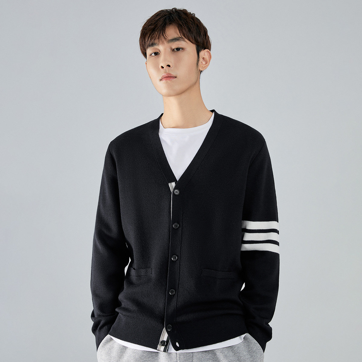 太平鸟男装秋冬男士蓝色羊毛针织毛开衫潮流个性针织衫