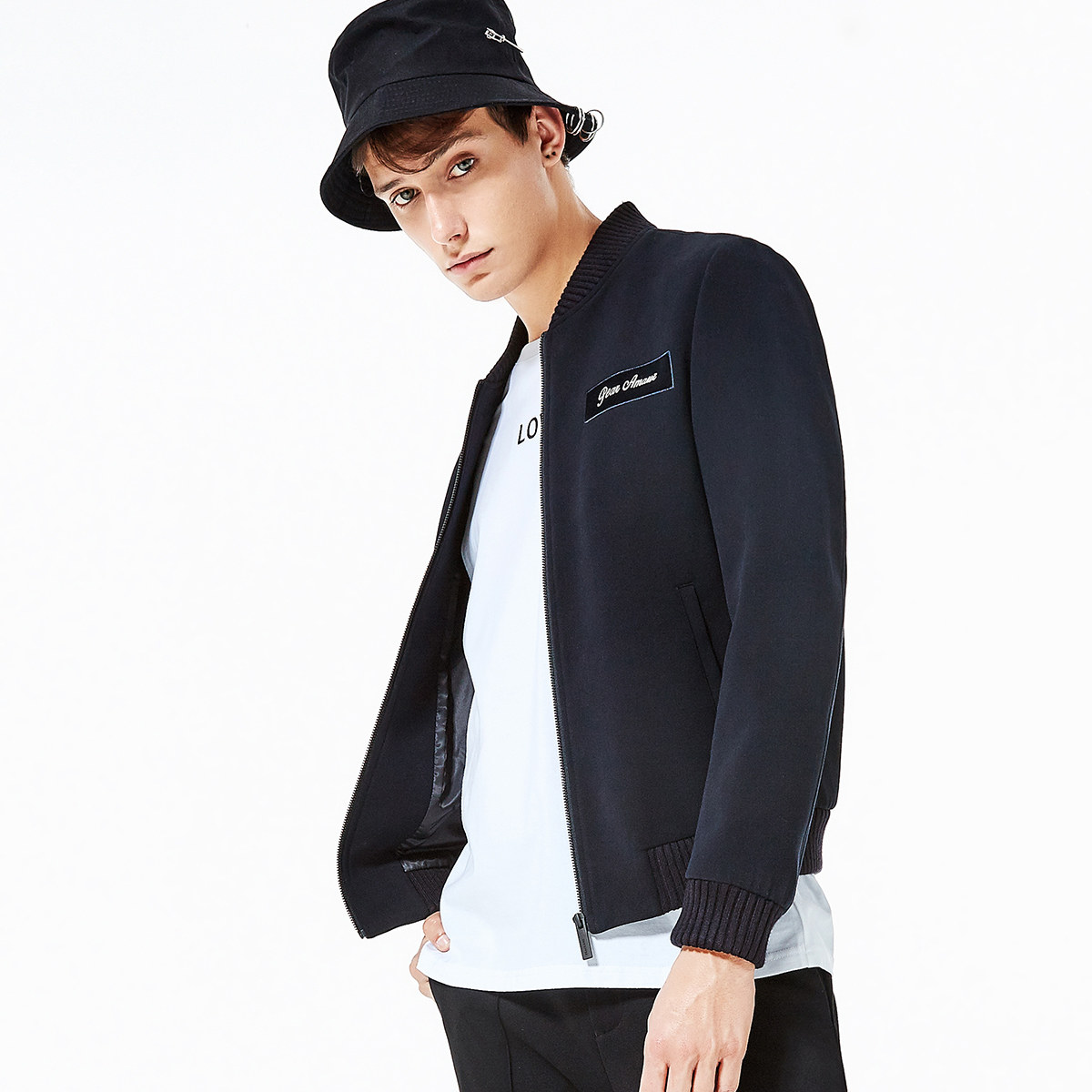 太平鸟夹克男装秋季潮流立领植绒贴布时尚韩版休闲男士茄克外套