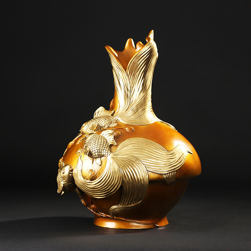 手工全铜年年有余花瓶套色切金工艺品办公室礼品家居花瓶