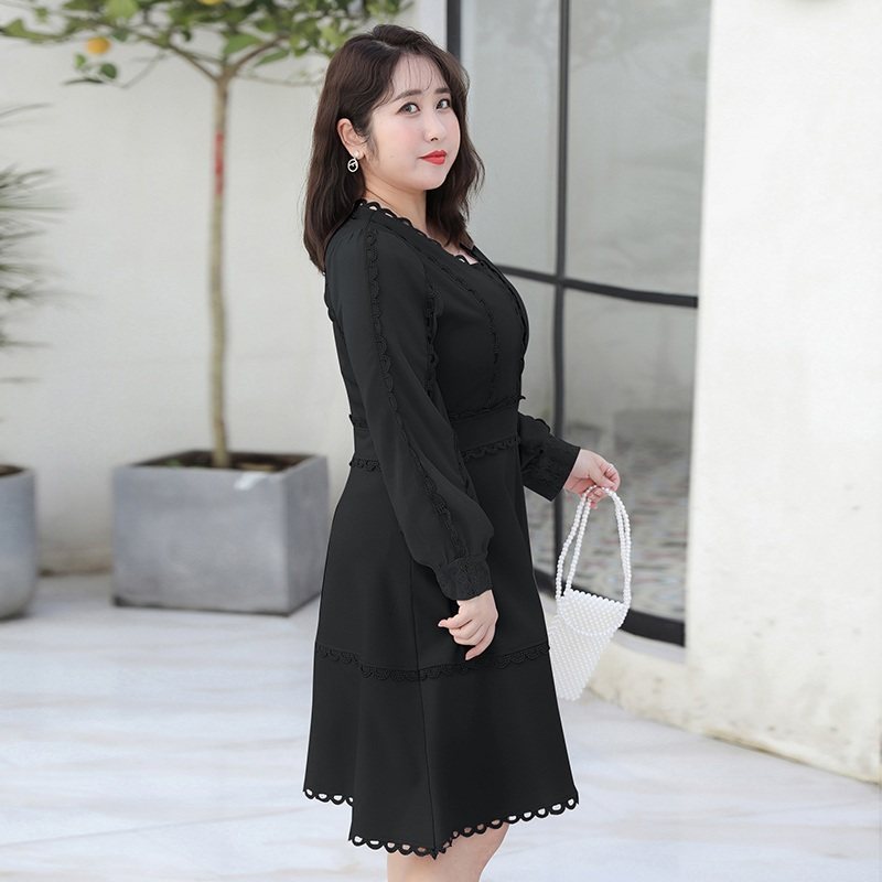 大码女装适合胖人穿的裙子200斤春秋微胖mm遮肚子藏肉长袖连衣裙