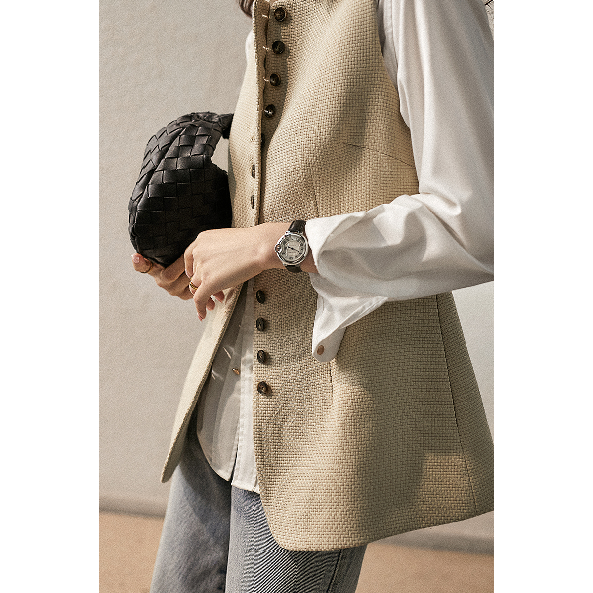 の[MJF462252AG] 巨爱的简约感华夫格编织这件棉料马甲洋气炸裂！