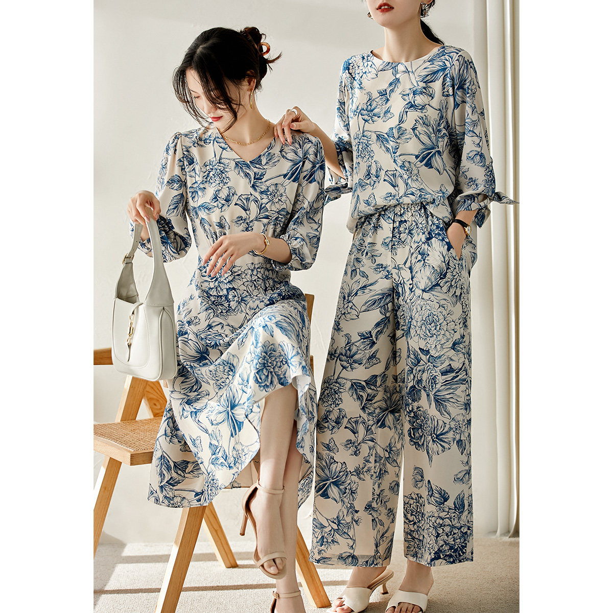 笑涵阁绉感全真真丝青花瓷印花连衣裙衬衫阔腿时尚套装