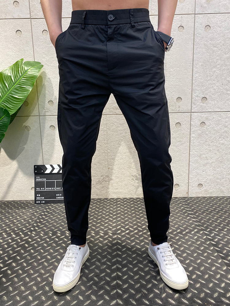 春夏黑色运动休闲裤男士修身小脚裤薄款九分裤帅气百搭束脚男裤子