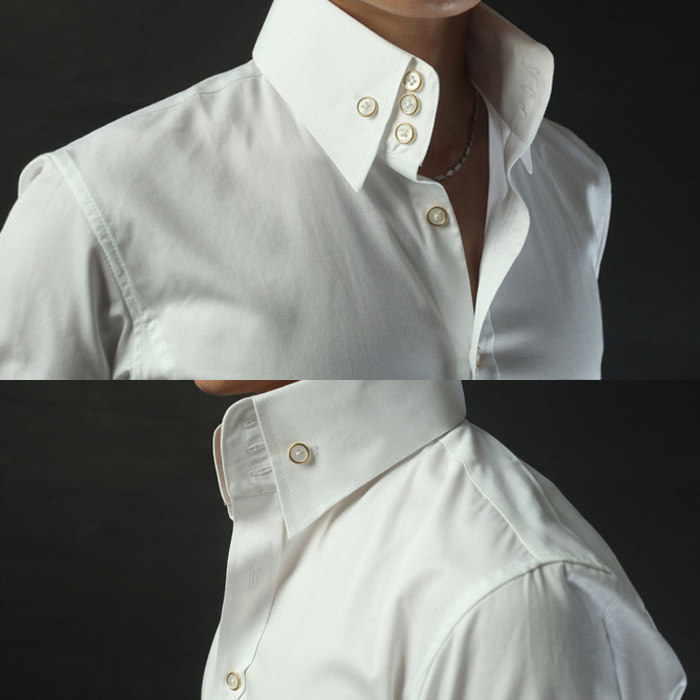 男士修身纯白色衬衣高领三扣钮扣领金扣型英伦衬衫