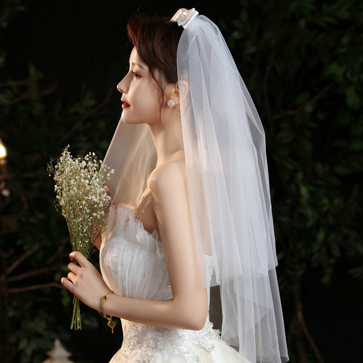 新娘婚礼头纱超仙森系白色旅拍短款蝴蝶结婚纱领证登记孕妇照头饰