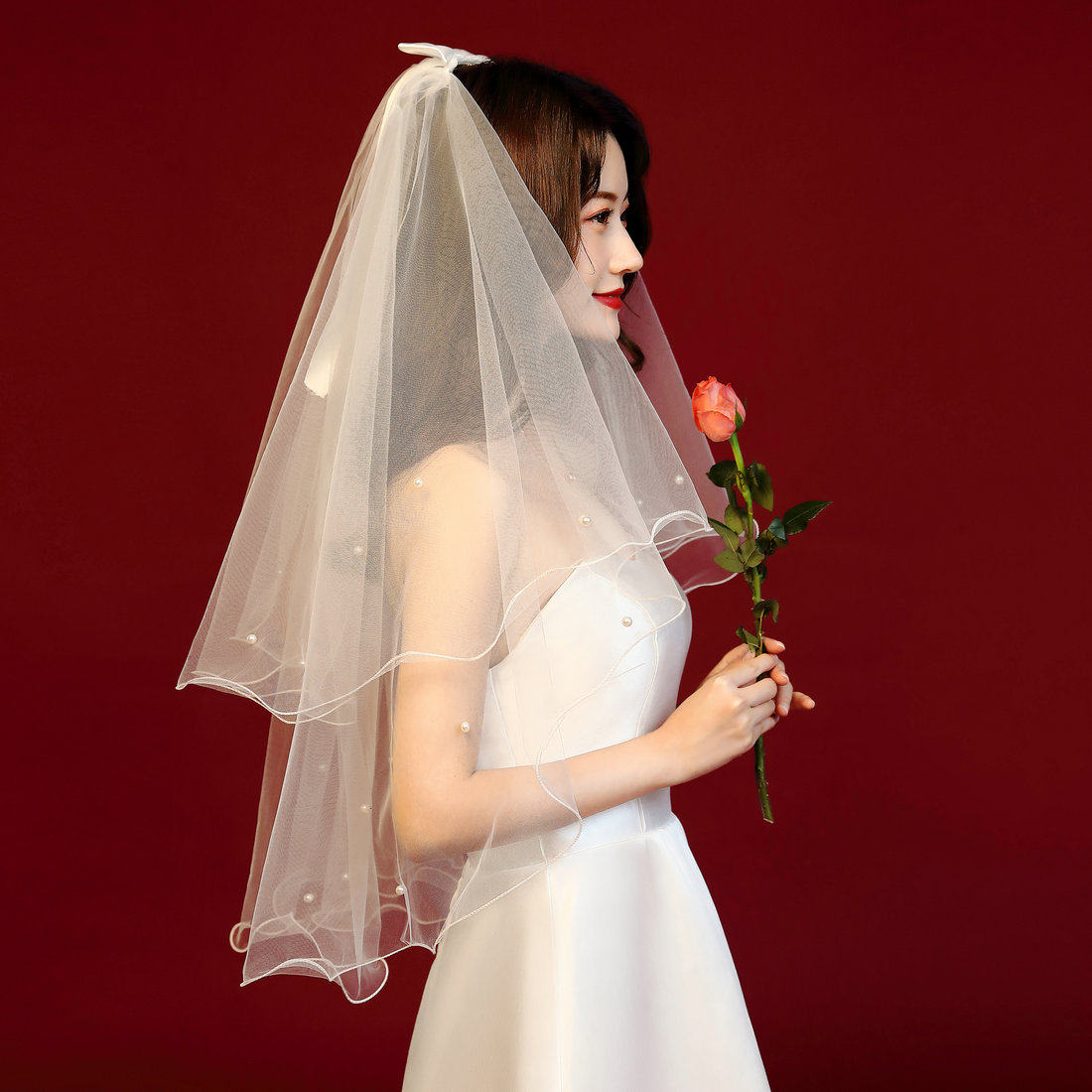 新娘头纱蝴蝶结短款甜美婚纱礼服头饰旅拍小清新短发头纱