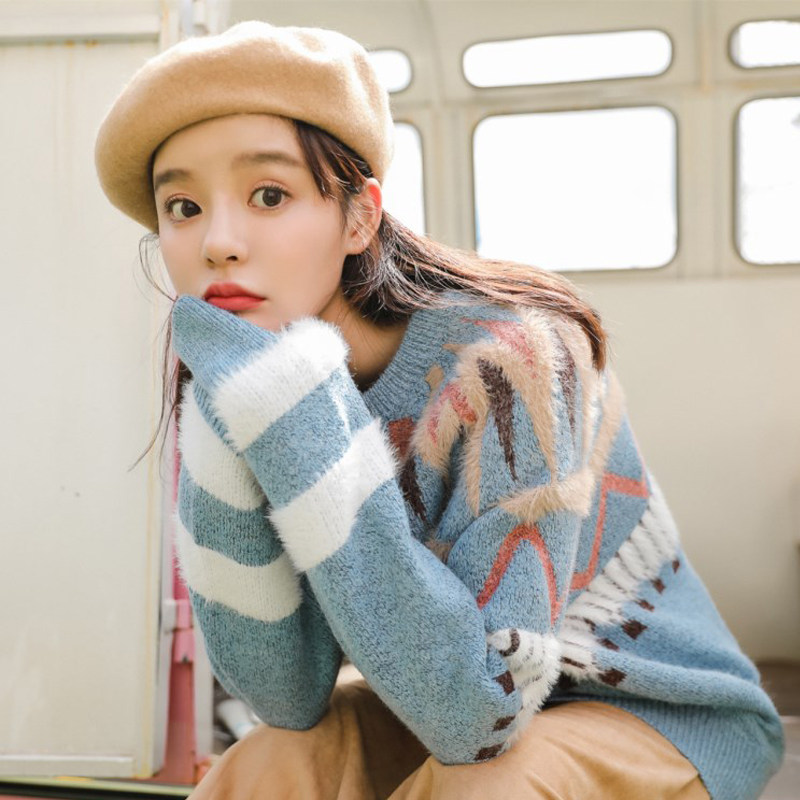 慵懒甜美毛线宽松学生新韩小清套头风网秋冬毛衣