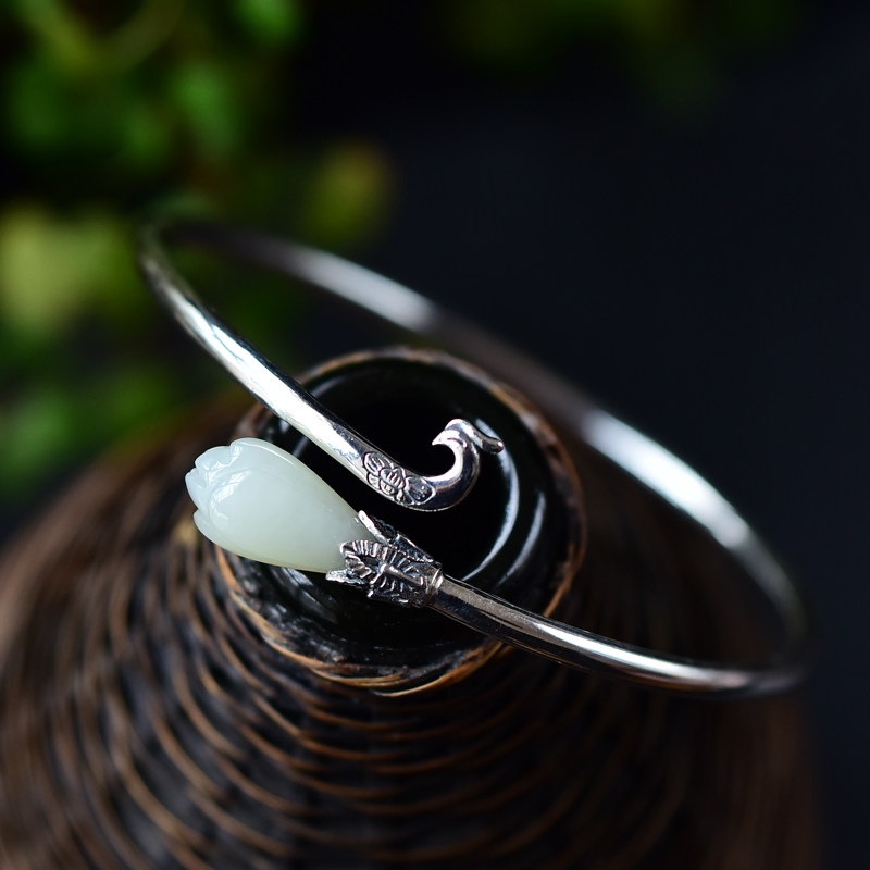 手镯s925纯银和田孔雀玉石古风古典时尚百搭手镯