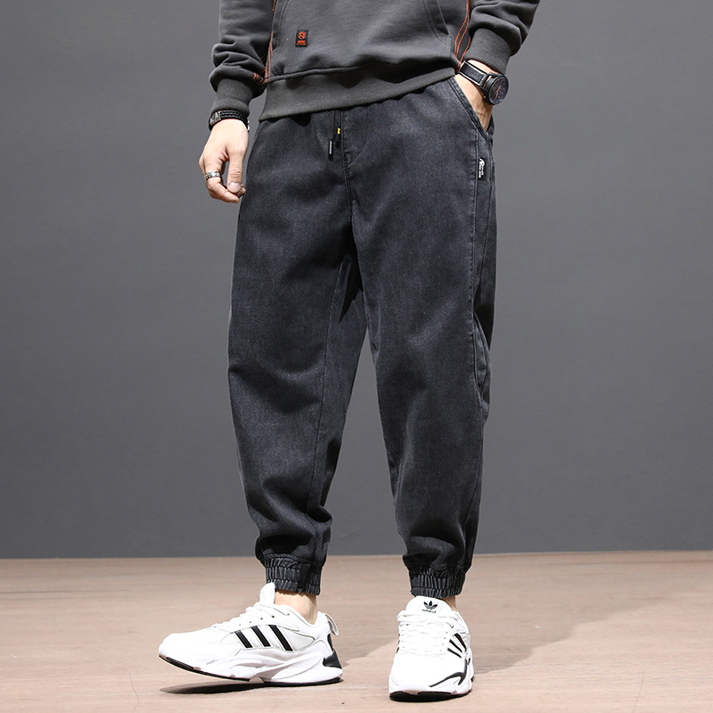 余文乐潮牌加绒牛仔裤男宽松大码胖子束脚裤子秋冬休闲哈伦裤潮流