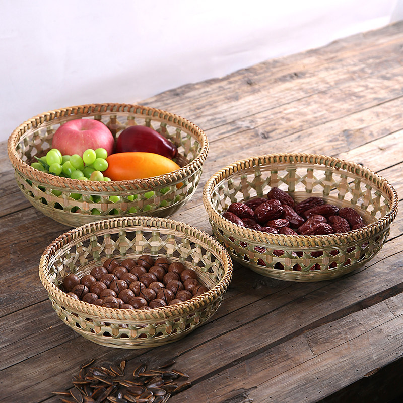 竹编果盘水果篮干果家用馒头桌面零食糕点圆形竹编