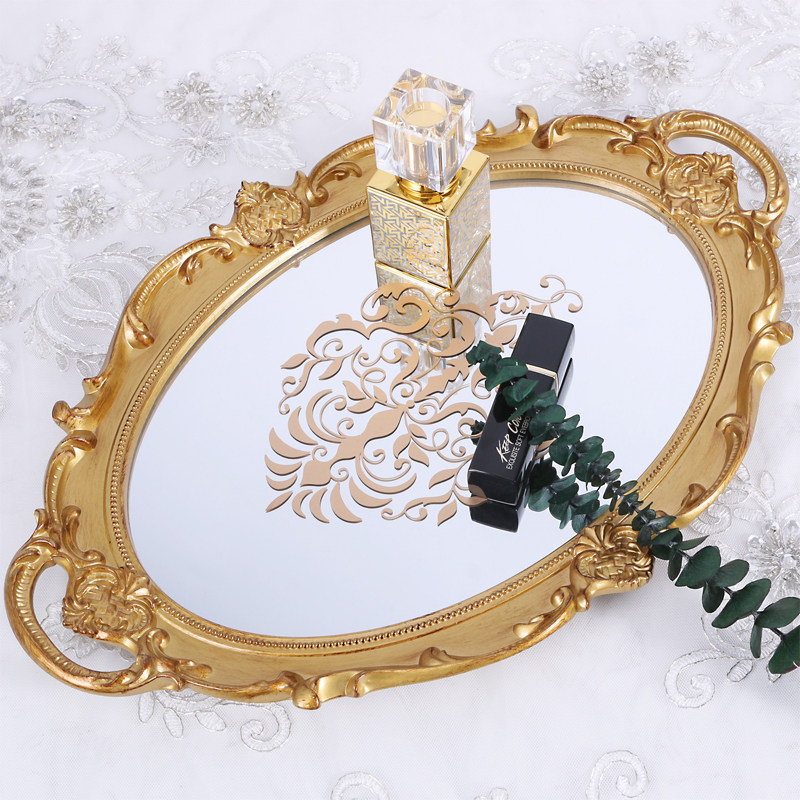 复古镜面托盘鎏金印花椭圆家用梳妆台奢华美容院摆件