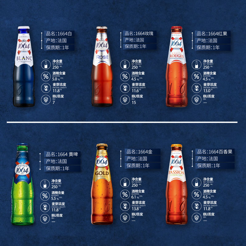 1664法国进口啤酒组合玫瑰红果百香果复古1瓶啤酒