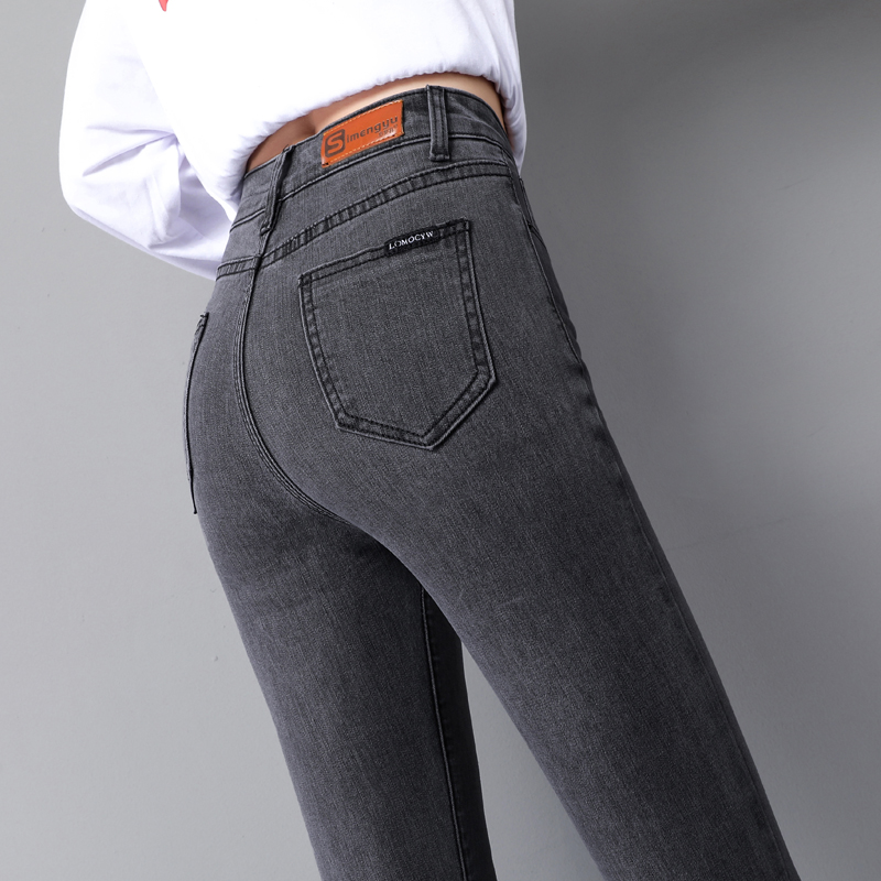 烟灰色高腰牛仔裤女加绒2021秋冬显瘦弹力紧身小脚裤九分铅笔长裤