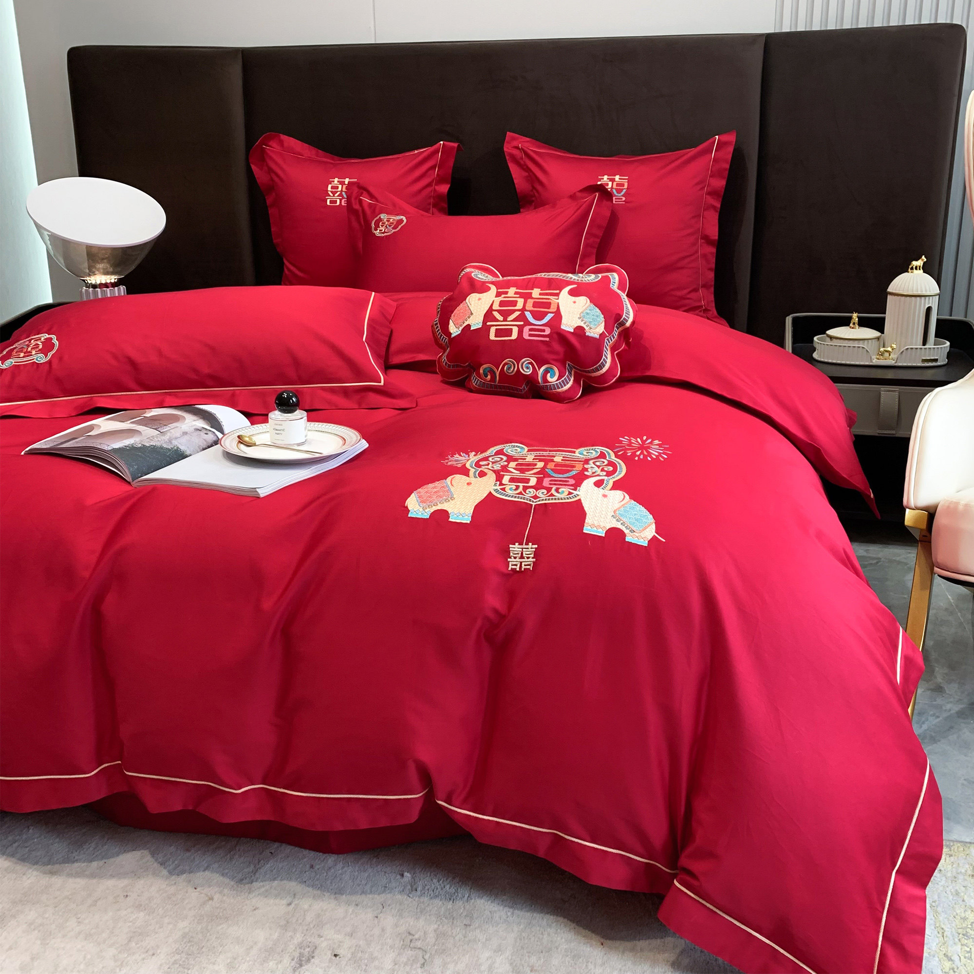 中式吉象新婚庆大红色四件件套纯棉100支长绒婚庆床品套件