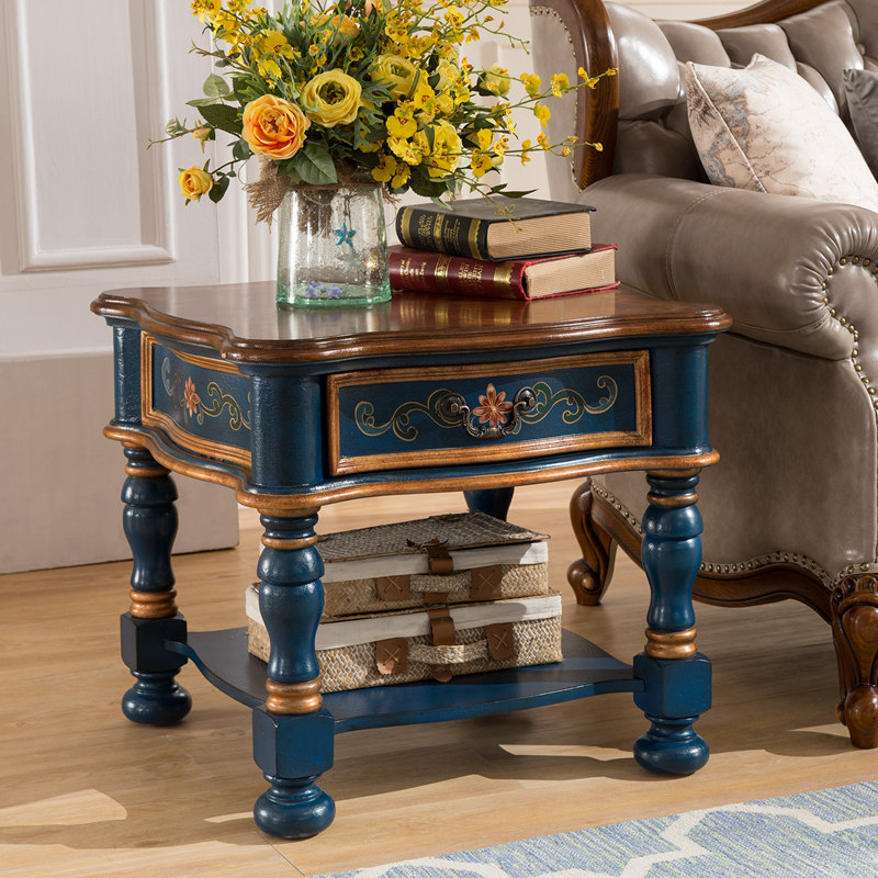 欧式边几实木田园手绘沙发边小茶几角几复古做旧白色白色蓝色包邮