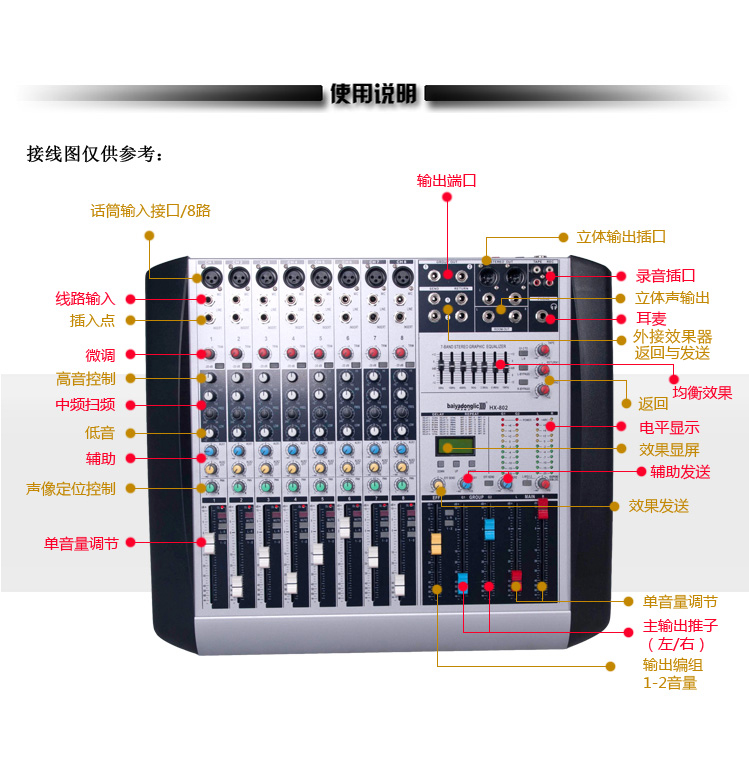 hx802专业8路调音编组dsp效果48v幻象电源调音台舞台