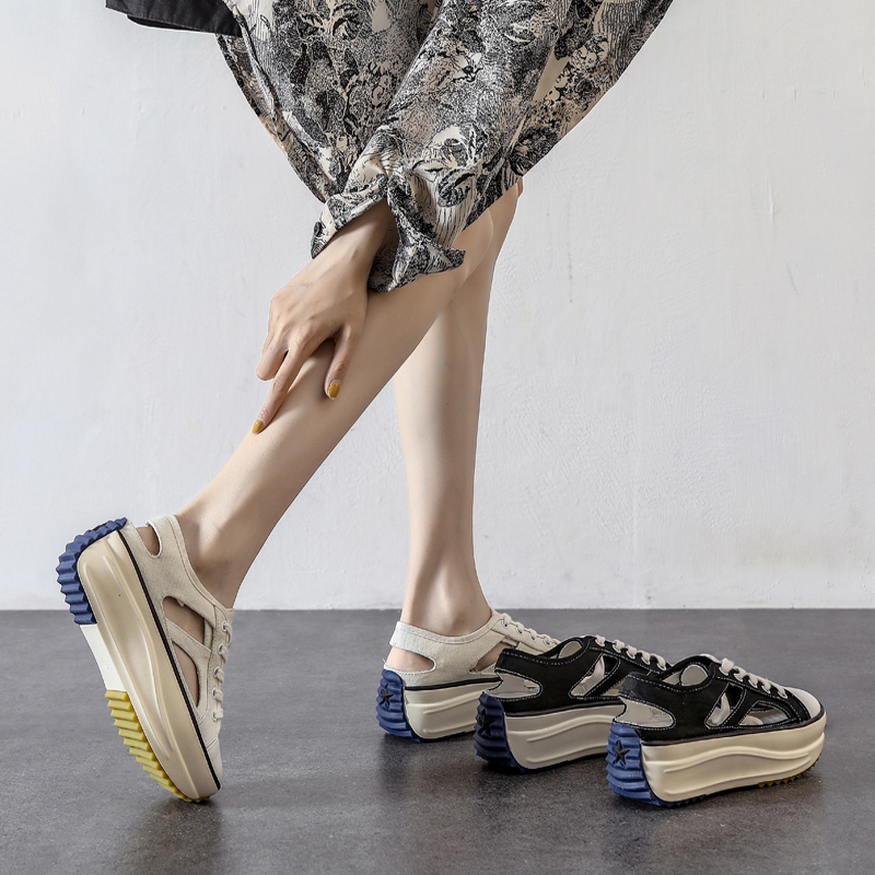 包头凉鞋女夏2022年新款松糕厚底网红帆布鞋百搭镂空小白鞋ins潮