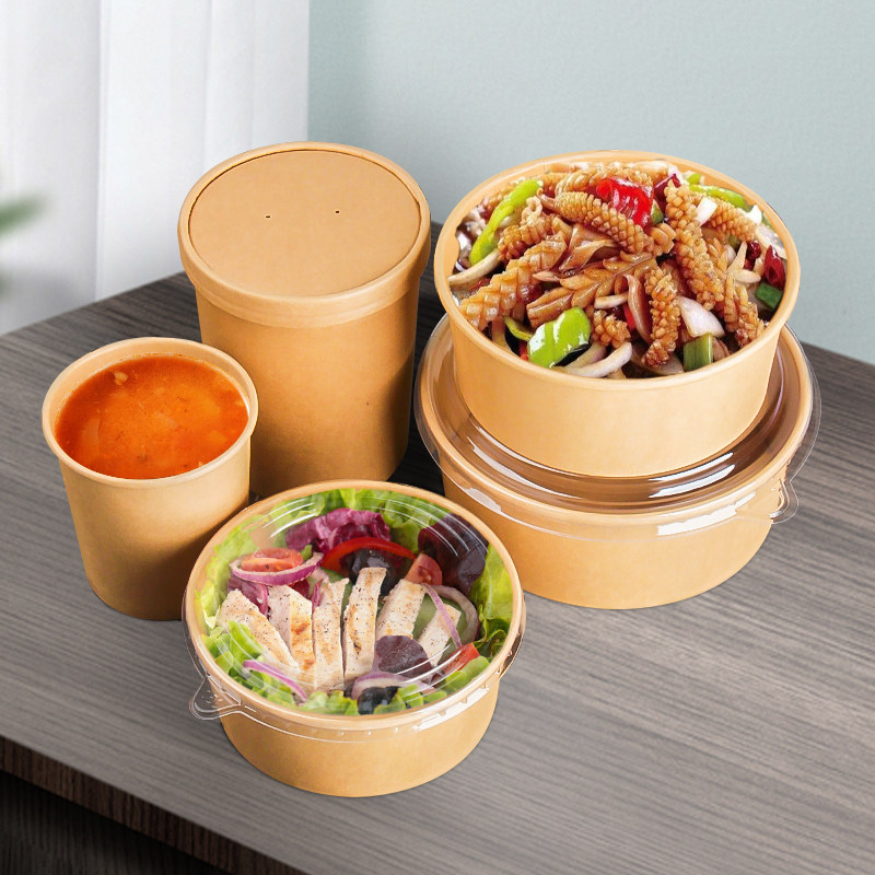 牛皮纸一次性餐盒圆形加厚带盖汤碗快餐盒外卖卤肉一次性餐盒