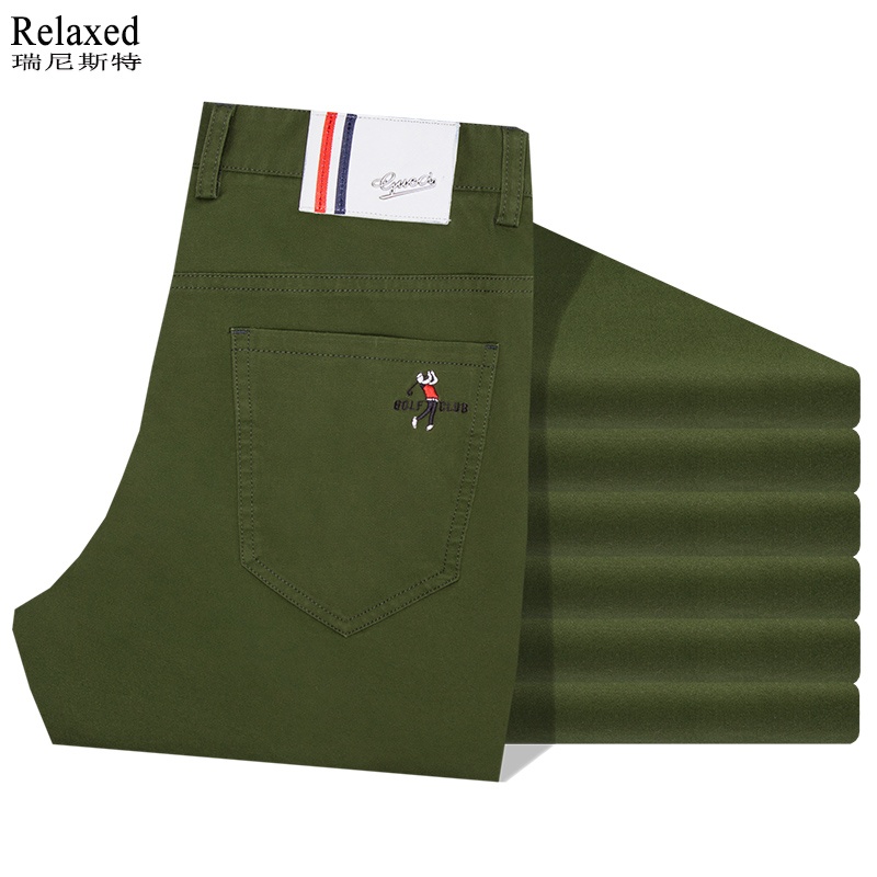 高档纯棉男士长裤春季直筒男裤子高尔夫球休闲裤品牌男装裤军绿色