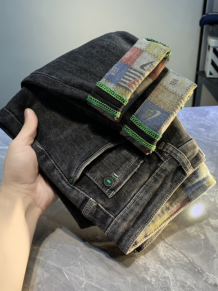 港风秋季新款印花烟灰色牛仔裤男潮牌弹力小脚微跨裤韩版九分裤潮