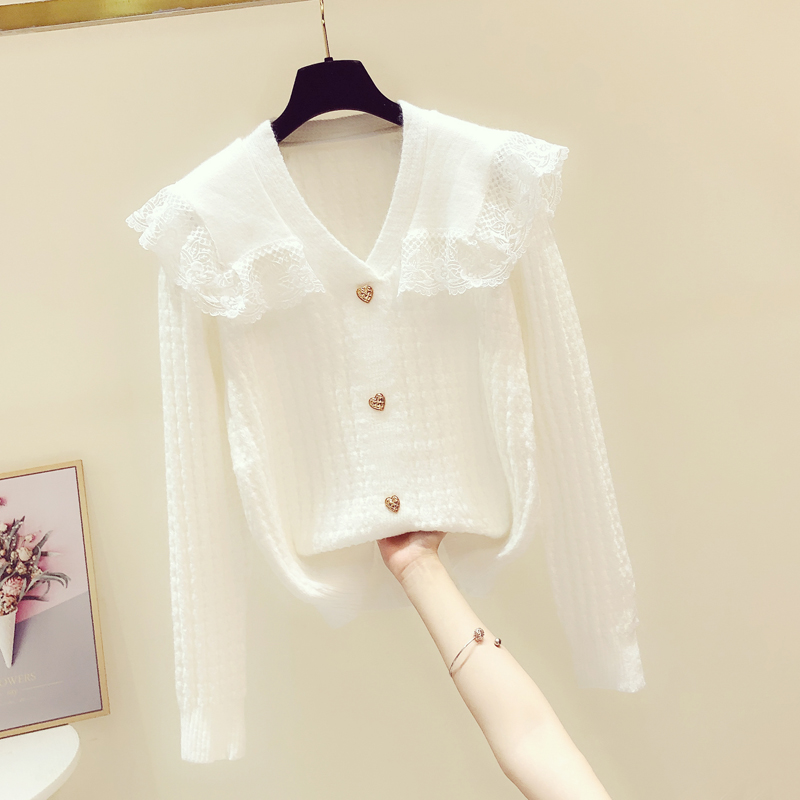 蕾丝拼接娃娃领套头毛衣女2021秋冬新款设计感外穿毛针织衫上衣