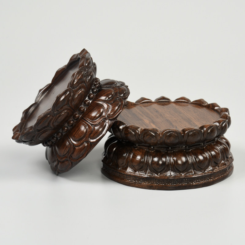 佛像观音菩萨莲花座台红木圆形实木质摆件奇石香炉底座黑檀木底托