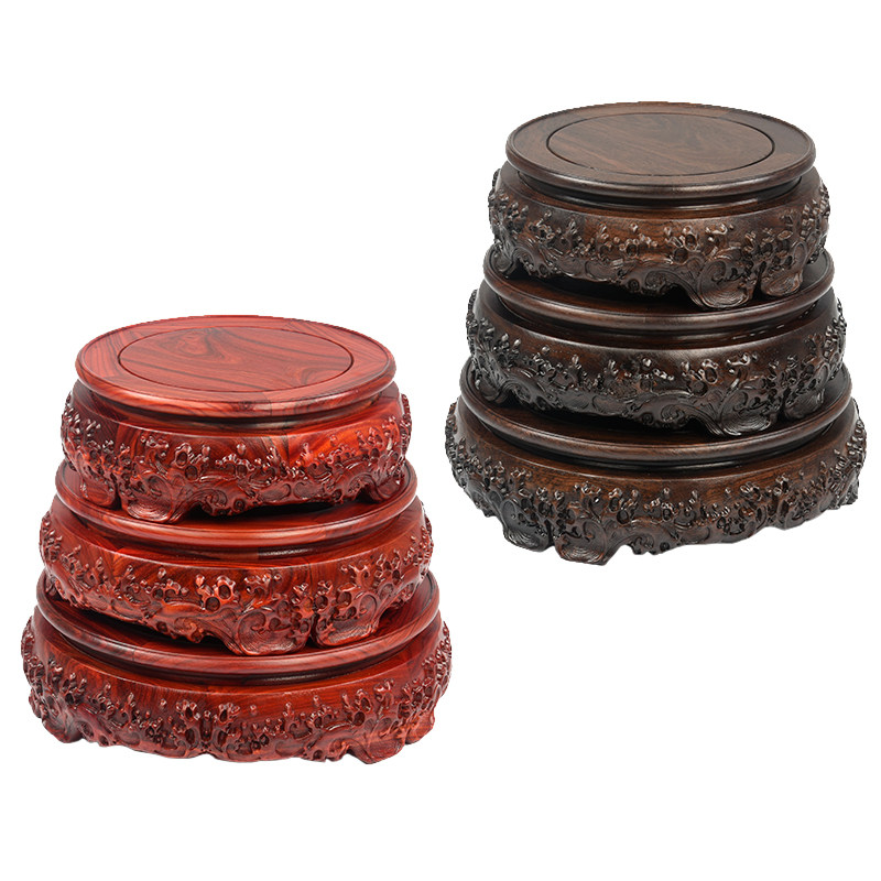 黑檀圆形雕花观音佛像实木摆件底座花瓶奇石茶壶香炉红木雕刻托架