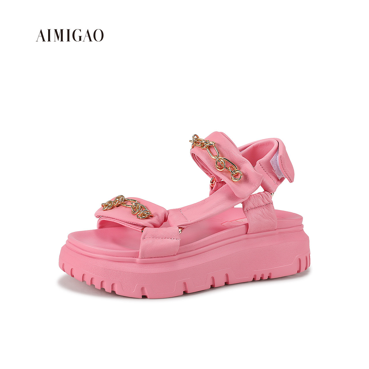 爱米米高温柔凉鞋粉色厚底松糕小香平底软底时装凉鞋