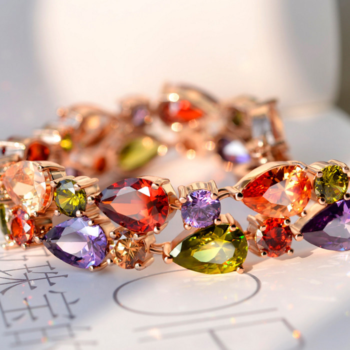 天天特价】日韩国七彩锆石水晶手链简约气质玫瑰彩金锆石女生手镯