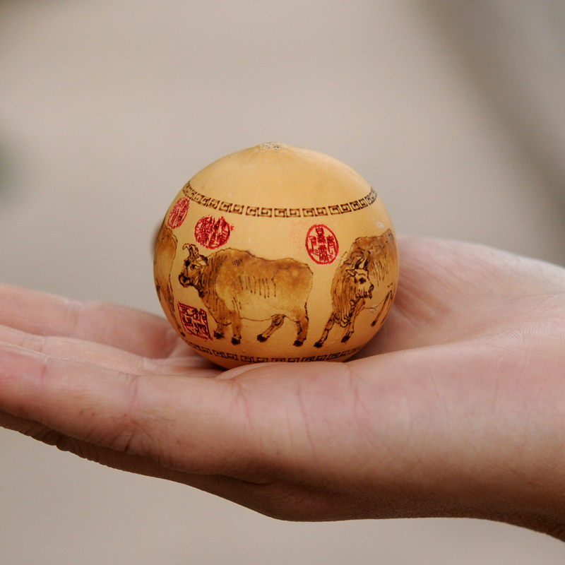 天然鸡蛋葫芦摆件烙画八骏五牛招财纳福家居葫芦