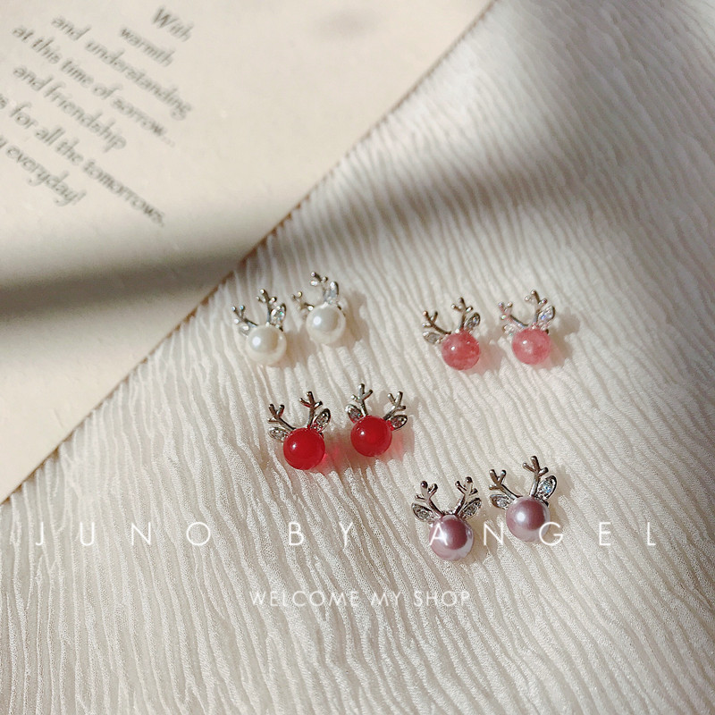 S925纯银森系圣诞麋鹿角耳钉女小清新招桃花草莓晶学生粉水晶耳饰
