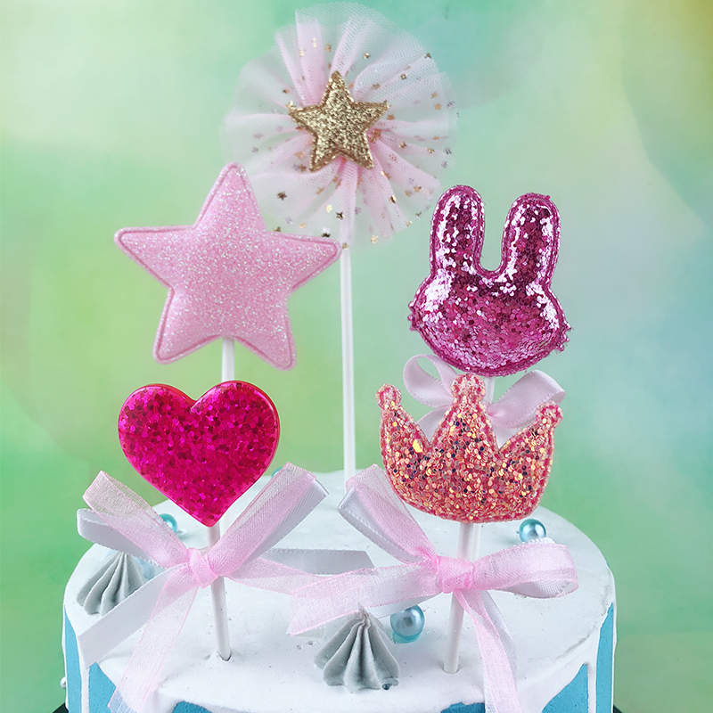 爱心星星皇冠网纱兔耳朵插件5枚生日快乐蛋糕节日装扮用品