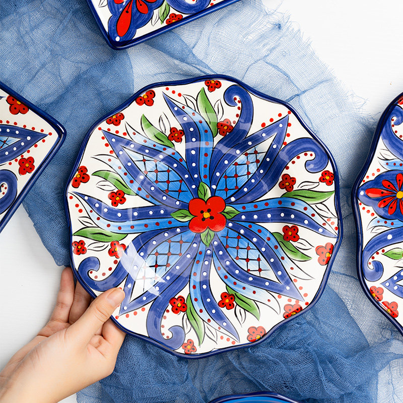 餐盘美式西餐牛排盘早意面大盘家用彩绘陶瓷盘