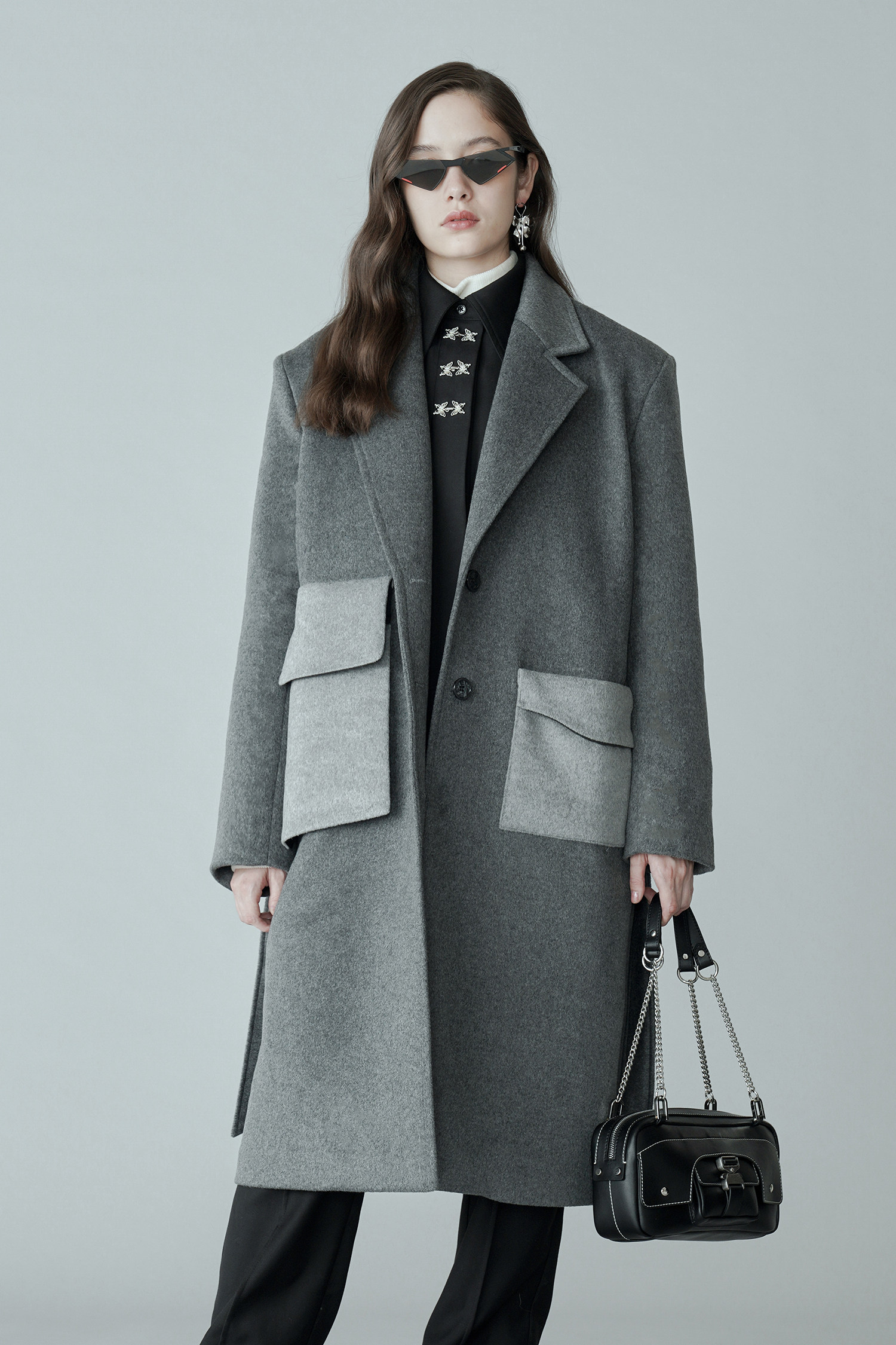 毛呢annomundi复古宽肩灰色大衣秋冬中长毛呢外套