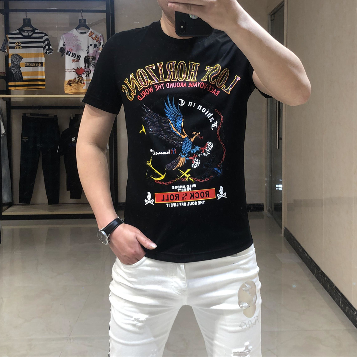 烫钻时尚潮流圆领t恤男士潮牌短袖男修身时尚男装新款体恤ins潮