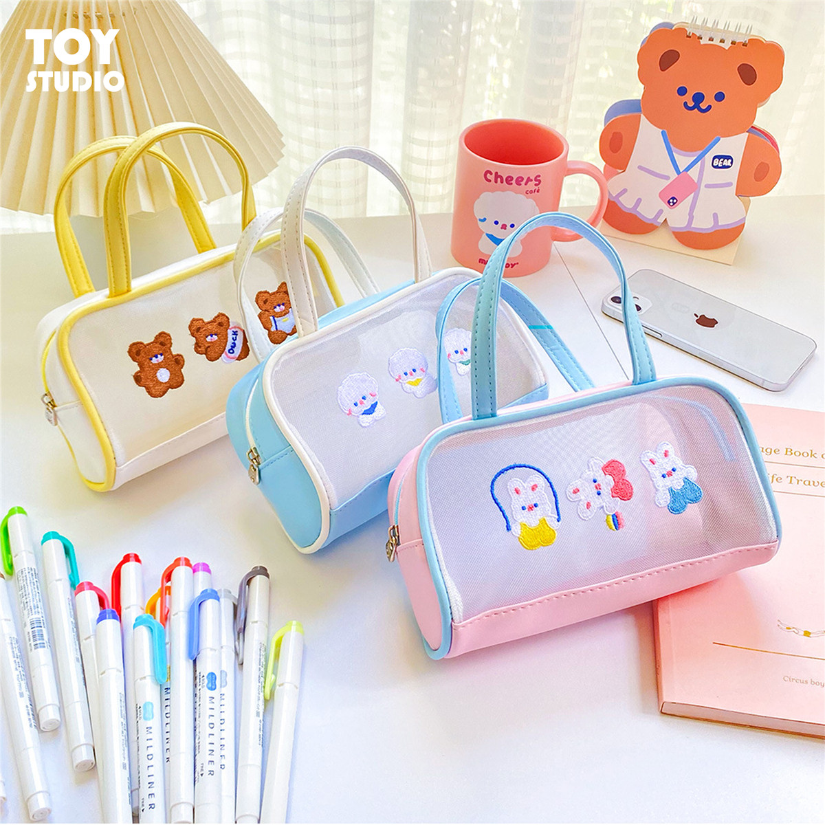 ins小熊网纱手提笔可爱创意便携夏季出行迷你笔袋