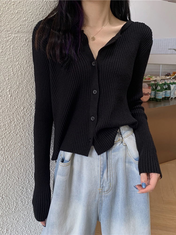 春秋长袖圆领黑色毛衣洋气开衫韩版宽松外穿毛针织衫