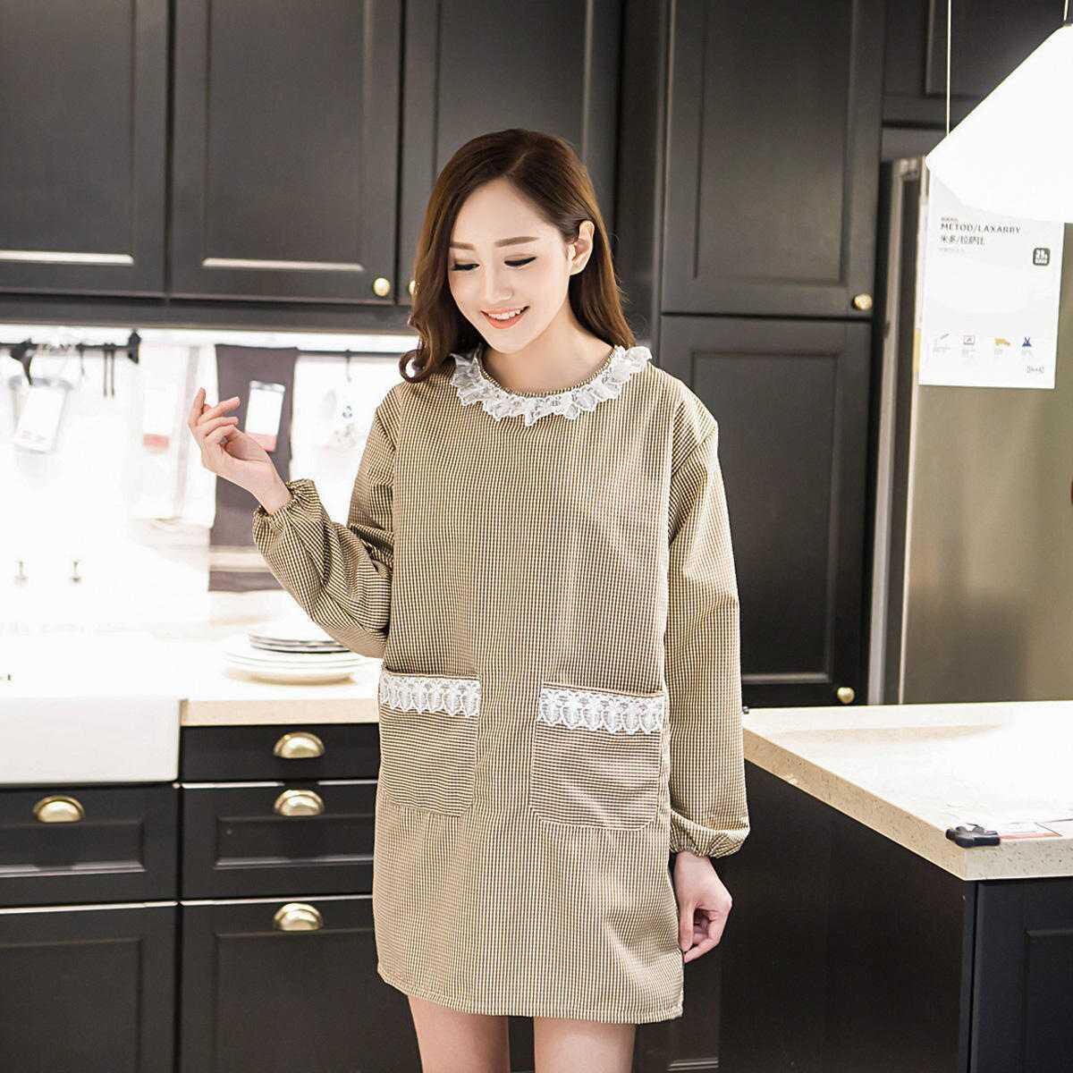 韩做饭围裙家用女士时尚袖子厨房长袖衣带罩衣围裙