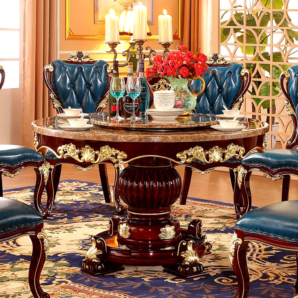 餐桌欧式实木旋转圆桌新古典红檀色描金大理石餐桌