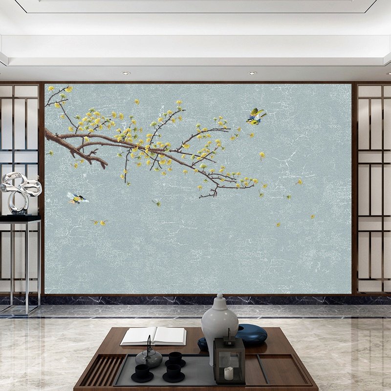 独绣新中式墙布无缝中式花鸟壁布银杏床头刺绣墙布