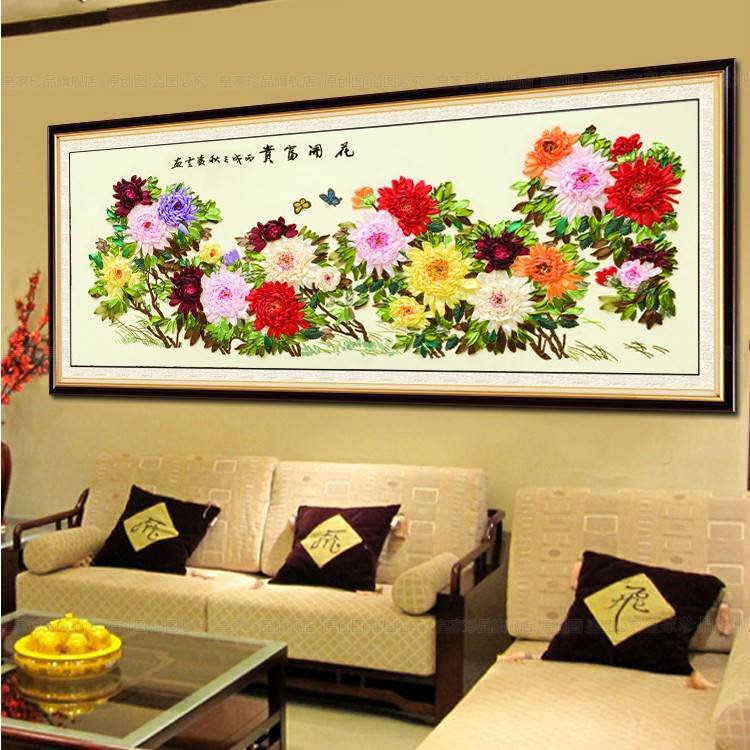 新款立体丝带花开富贵米黄布客厅客厅大挂画中国国风十字绣套件