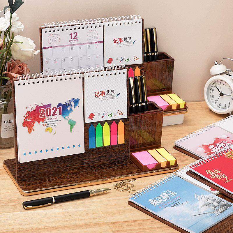 台历2020年木质笔筒多功能2021创意办公室桌面日历台历