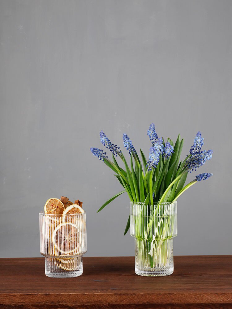 透明玻璃杯小红花瓶小花风信子葡萄玻璃竖纹新北欧花瓶